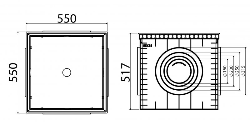 Universal collection shaft without cover, 55x55 - Ø50-Ø315
