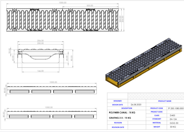 Linear Drains U200, 200 x 1000 x 80 mm, Class D400