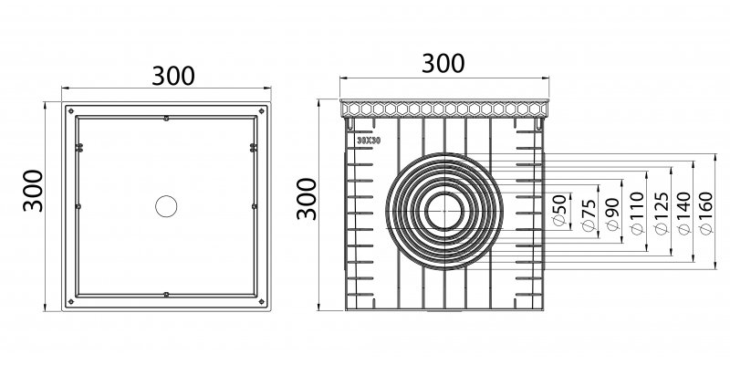 Universal collection shaft without cover, 30x30 - Ø50-Ø160