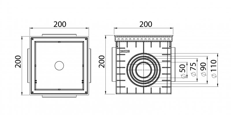 Universal collection shaft without cover, 20x20 - f50-f110