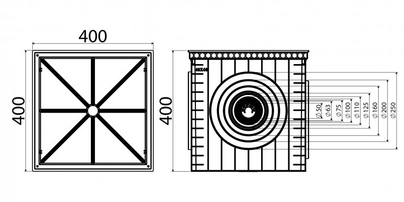 Universal collection shaft without cover, 40x40 - Ø50-Ø250